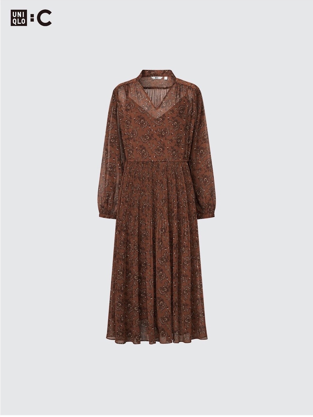 Uniqlo C collection Printed Chiffon Pleated Long Sleeve Dress Brown